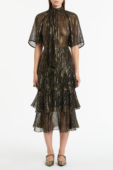 BLACK METALLIC SILK JACQUARD TIERED RUFFLE SKIRT