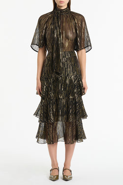 BLACK METALLIC SILK JACQUARD FLUTED SLEEVE TOP