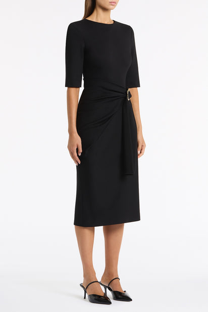 BLACK PONTE OVERLAY WRAP DRESS