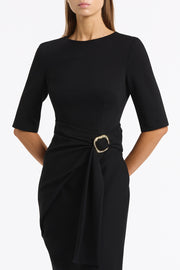 BLACK PONTE OVERLAY WRAP DRESS