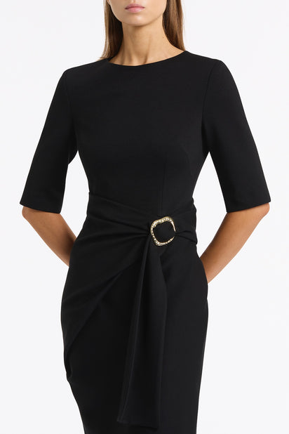 BLACK PONTE OVERLAY WRAP DRESS