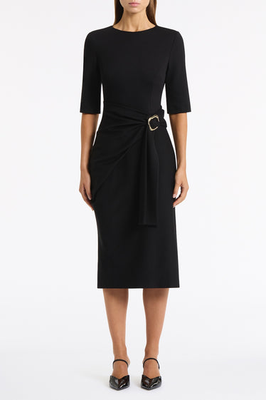 BLACK PONTE OVERLAY WRAP DRESS