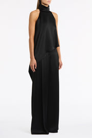 BLACK SATIN ACETATE DRAPED ASYMMETRIC TOP