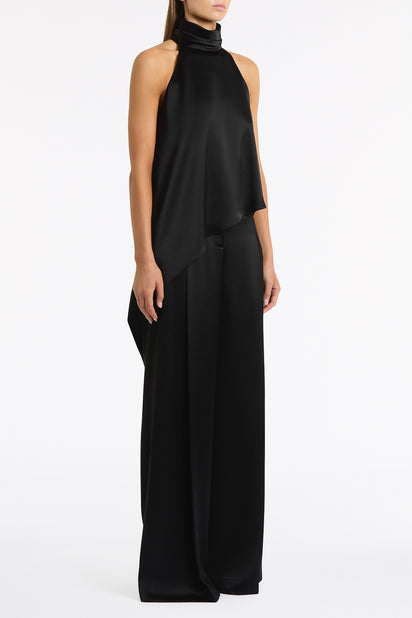 BLACK SATIN ACETATE DRAPED ASYMMETRIC TOP