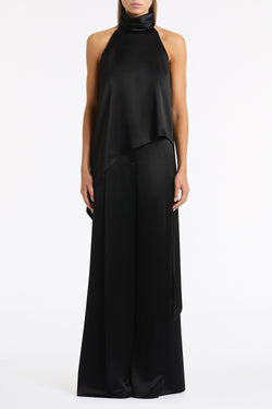 BLACK SATIN ACETATE DRAPED ASYMMETRIC TOP