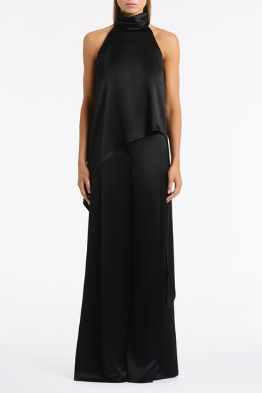 BLACK SATIN ACETATE DRAPED ASYMMETRIC TOP