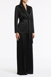 BLACK SATIN ACETATE TIE WAIST BLAZER