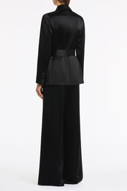 BLACK SATIN ACETATE TIE WAIST BLAZER