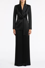 BLACK SATIN ACETATE TIE WAIST BLAZER