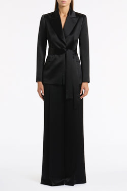 BLACK SATIN ACETATE TIE WAIST BLAZER