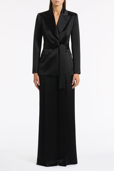 BLACK SATIN ACETATE TIE WAIST BLAZER