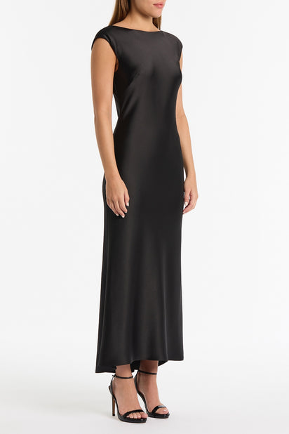 BLACK SATIN COWL BACK DRESS