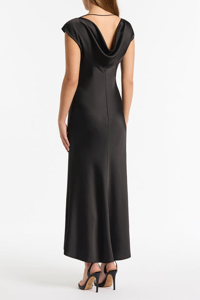 BLACK SATIN COWL BACK DRESS