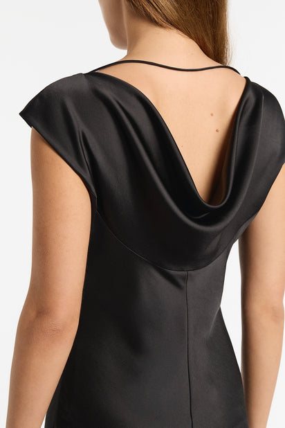 BLACK SATIN COWL BACK DRESS