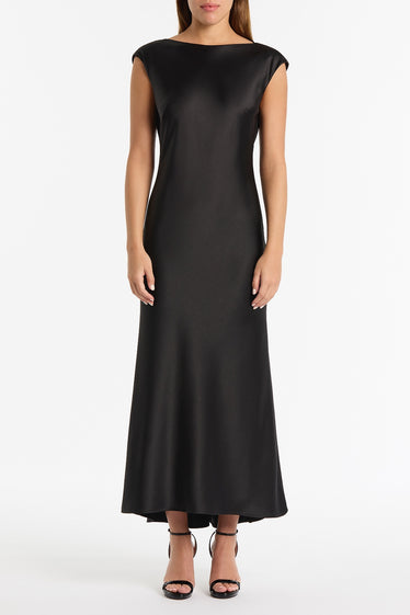 BLACK SATIN COWL BACK DRESS