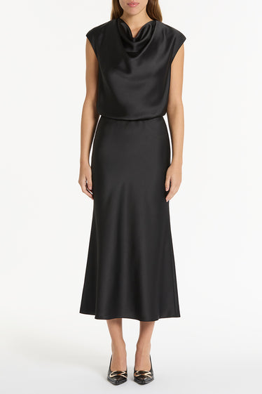 BLACK SATIN COWL NECK TOP