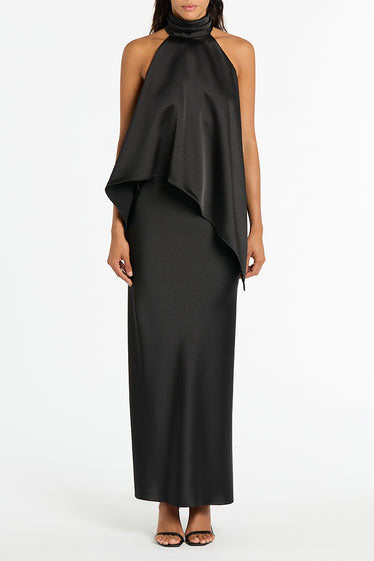 BLACK SATIN DRAPED ALTURA HALTER TOP