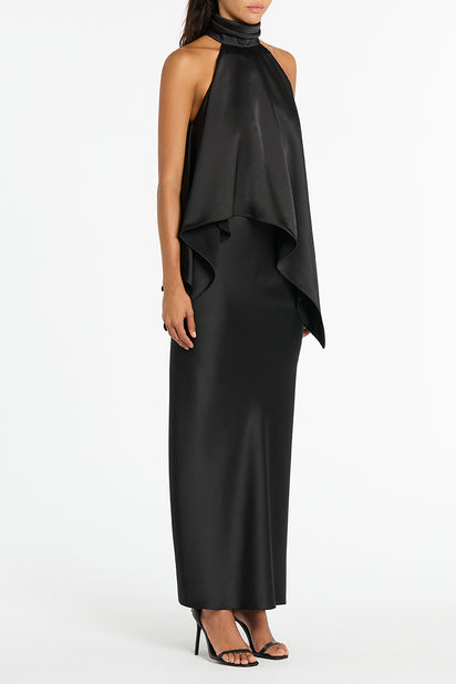 BLACK SATIN DRAPED ALTURA HALTER TOP