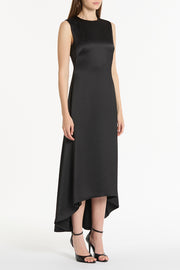 BLACK SATIN GODET DRESS