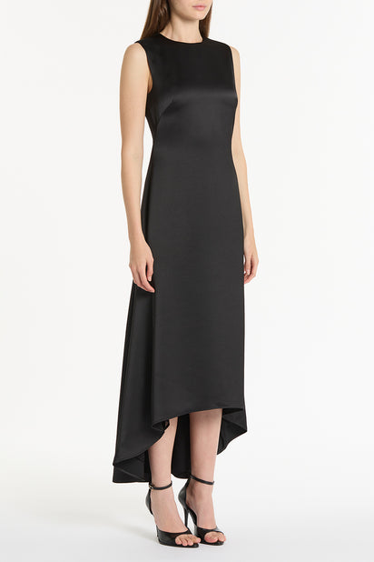 BLACK SATIN GODET DRESS