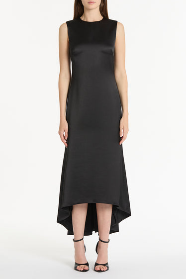 BLACK SATIN GODET DRESS