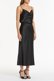BLACK SATIN MIDI SKIRT