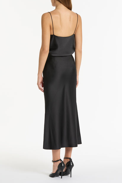 BLACK SATIN MIDI SKIRT