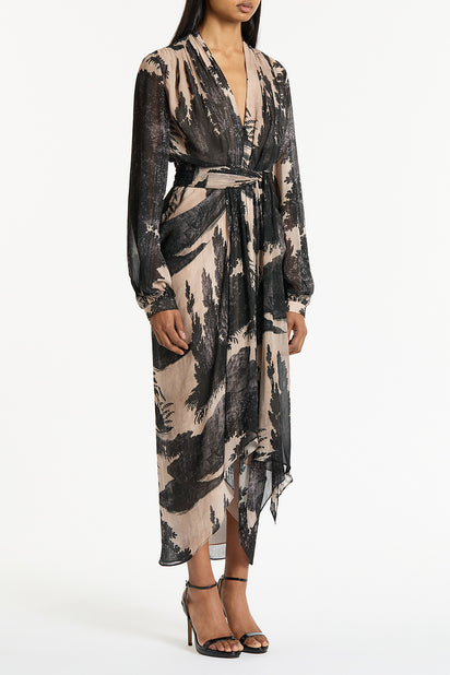 BLACK SCENICA GEORGETTE WATERFALL DRESS