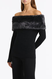 BLACK SHIMMER KNIT OFF SHOULDER TOP