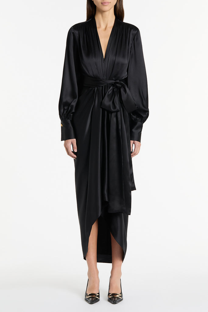 BLACK SILK SATIN WATERFALL DRESS – Carla Zampatti
