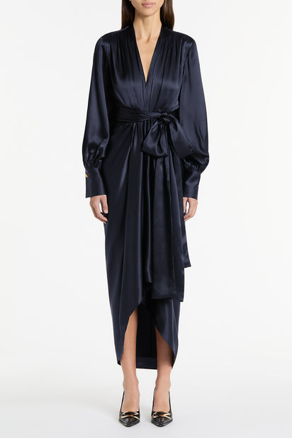 INK SILK SATIN WATERFALL DRESS
