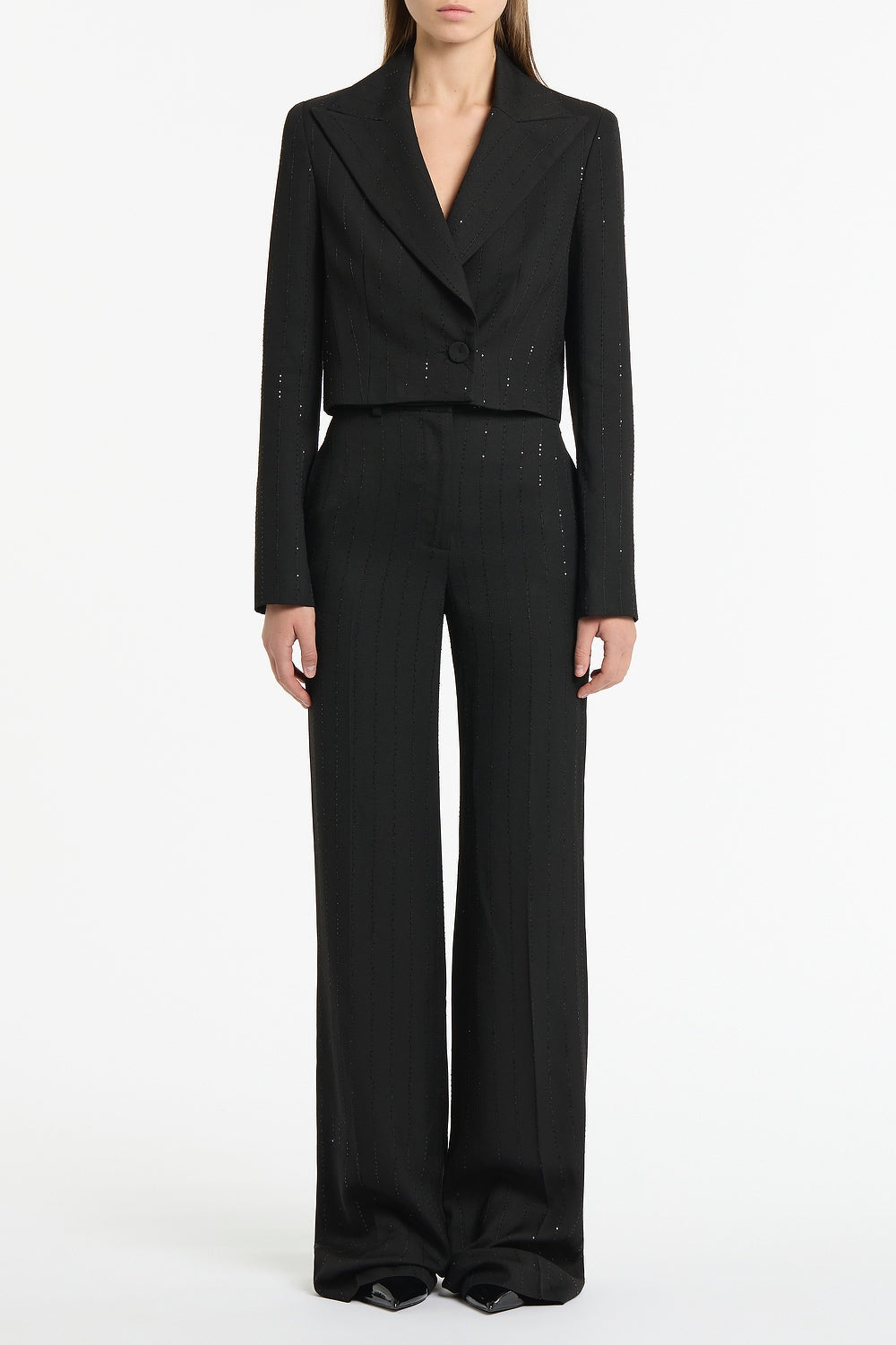 BLACK STARLIGHT TWILL PEAKED LAPEL CROPPED JACKET – Carla Zampatti