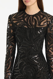 BLACK SWIRL SEQUIN LONG SLEEVE MIDI DRESS