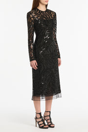 BLACK SWIRL SEQUIN LONG SLEEVE MIDI DRESS