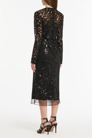 BLACK SWIRL SEQUIN LONG SLEEVE MIDI DRESS