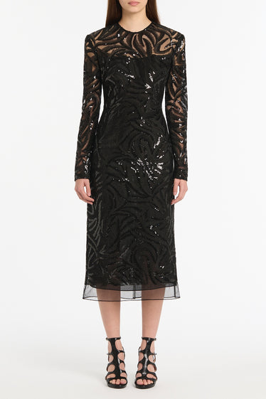 BLACK SWIRL SEQUIN LONG SLEEVE MIDI DRESS
