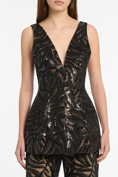 BLACK SWIRL SEQUIN PEPLUM TOP