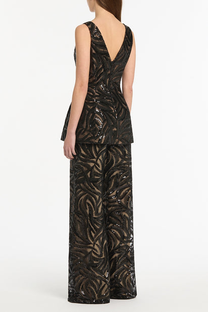 BLACK SWIRL SEQUIN PEPLUM TOP