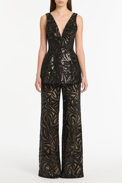 BLACK SWIRL SEQUIN PEPLUM TOP