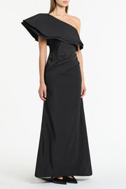 BLACK TAFFETA ASYMMETRIC ONE SHOULDER DRESS