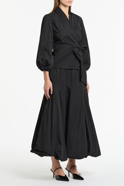 BLACK TAFFETA PUFF SLEEVE WRAP TOP