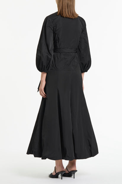 BLACK TAFFETA PUFF SLEEVE WRAP TOP