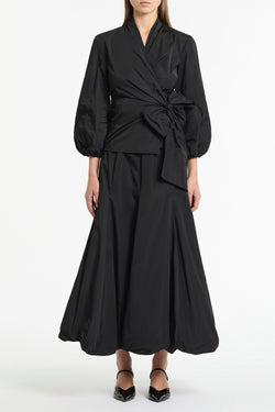 BLACK TAFFETA PUFF SLEEVE WRAP TOP