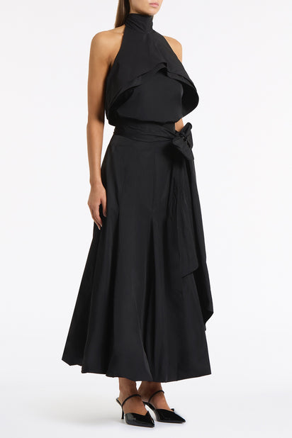 BLACK TAFFETA RUFFLE BOW DETAIL TOP