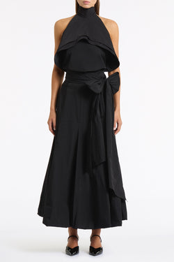 BLACK TAFFETA RUFFLE BOW DETAIL TOP