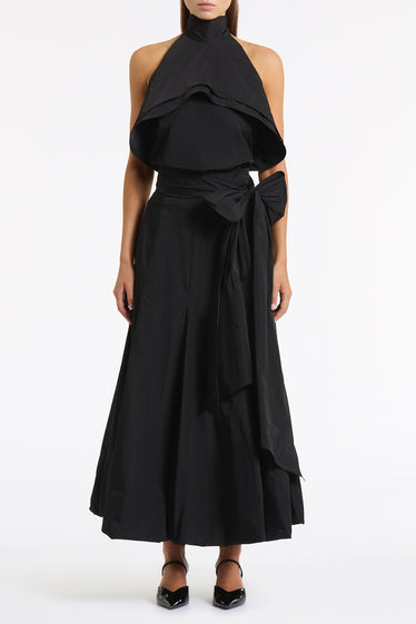 BLACK TAFFETA RUFFLE BOW DETAIL TOP