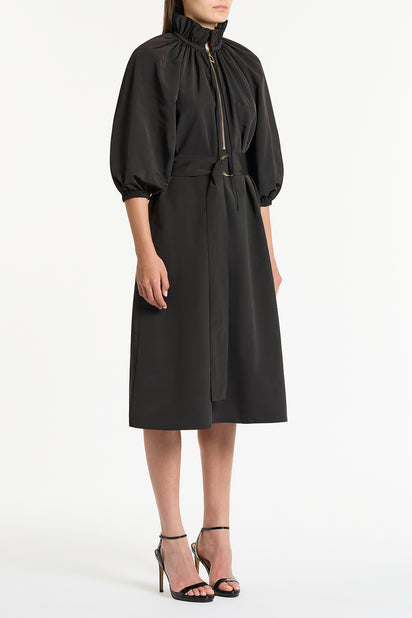 BLACK TAFFETA RUFFLE ZIP DRESS