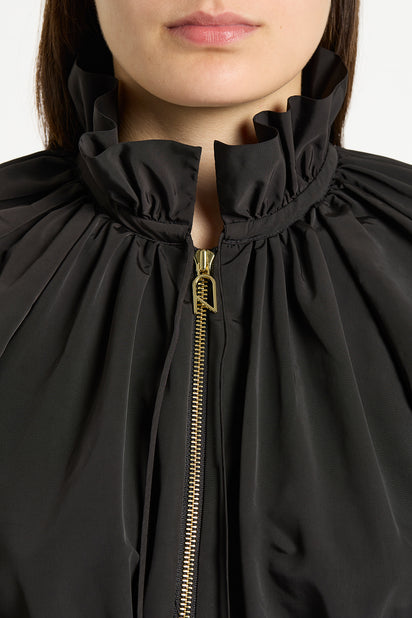 BLACK TAFFETA RUFFLE ZIP DRESS