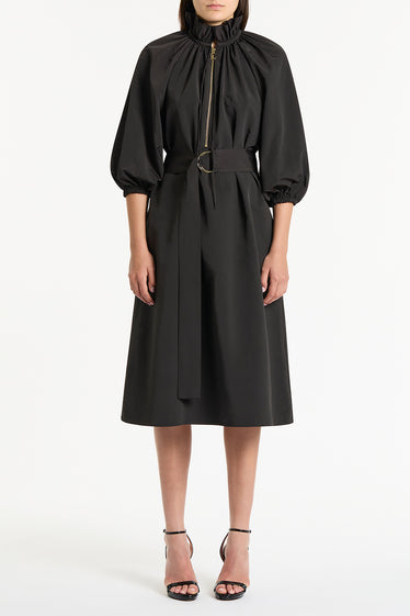 BLACK TAFFETA RUFFLE ZIP DRESS