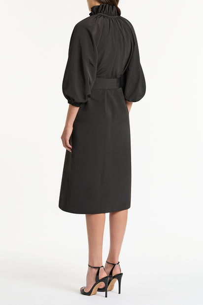 BLACK TAFFETA RUFFLE ZIP DRESS